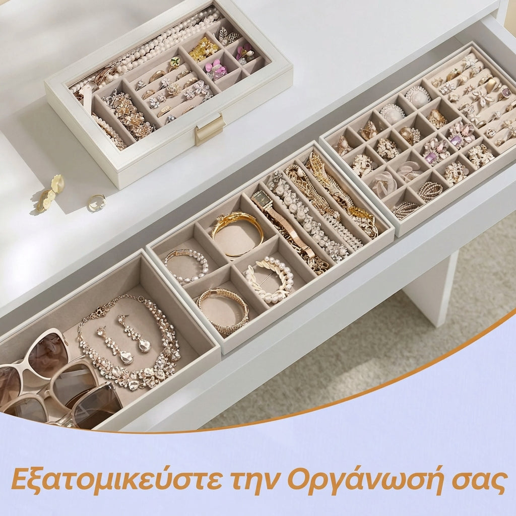 Κοσμηματοθήκη 4 Επιπέδων με Γυάλινο Καπάκι  Βελούδινη Επένδυση και Χρυσές Λεπτομέρειες  Λευκή 28×17×18,3 εκ.  JB-CB35164W01