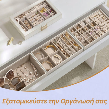 Κοσμηματοθήκη 4 Επιπέδων με Γυάλινο Καπάκι  Βελούδινη Επένδυση και Χρυσές Λεπτομέρειες  Λευκή 28×17×18,3 εκ.  JB-CB35164W01