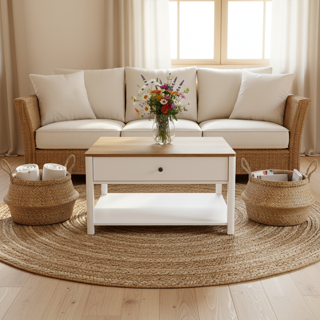 Large Coffee Table Central Seating Square White with Drawers LC-T207T14