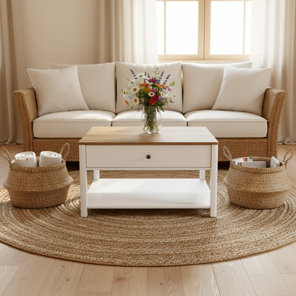 Large Coffee Table Central Seating Square White with Drawers LC-T207T14