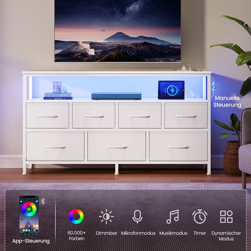 Συρταριέρα με LED Φωτισμό & Σταθμό Φόρτισης – 7 Συρτάρια & Ανοιχτά Ράφια, Μεταλλικός Σκελετός LG-S733WH01