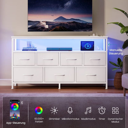 Συρταριέρα με LED Φωτισμό & Σταθμό Φόρτισης – 7 Συρτάρια & Ανοιχτά Ράφια, Μεταλλικός Σκελετός LG-S733WH01