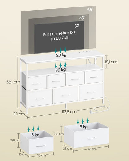 Συρταριέρα με LED Φωτισμό & Σταθμό Φόρτισης – 7 Συρτάρια & Ανοιχτά Ράφια, Μεταλλικός Σκελετός LG-S733WH01