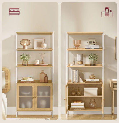 Βιβλιοθήκη 6 Επιπέδων Ψηλό Ράφι Πόρτες Boho Μεταλλικό Πλαίσιο για Σαλόνι