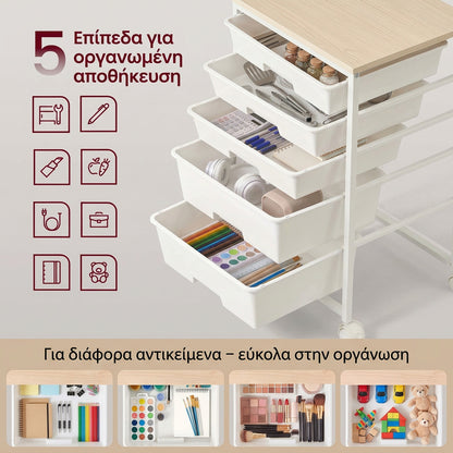 Τροχήλατο Συρταριέρα Οργάνωσης με 5 Συρτάρια, Ξύλινη Επιφάνεια & Ροδάκια με Φρένο, Εξοικονόμησης Χώρου, Λευκό 40×29×63 εκ.    LR-C005W101