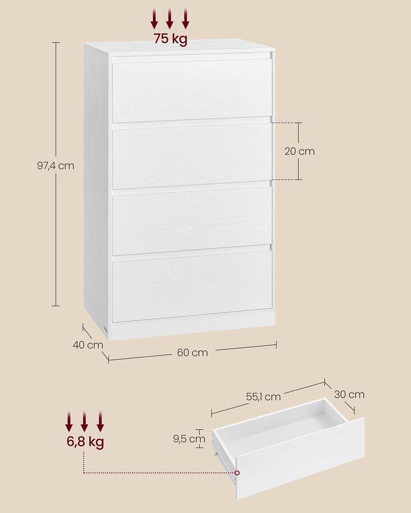 Συρταριέρα Λευκή Κομότα με 4 Συρτάρια 40 x 60 x 97,4 εκ για Υπνοδωμάτιο Γραφείο LT-S614WE02
