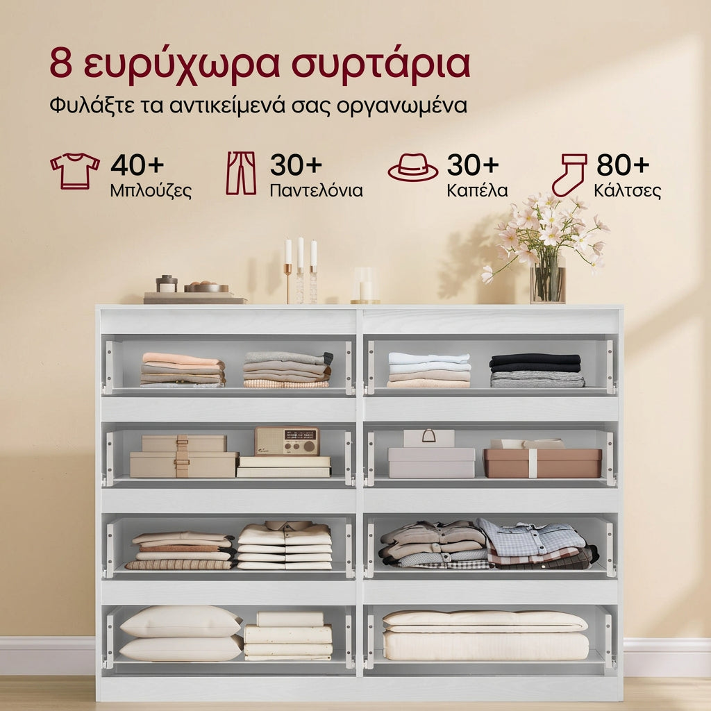 Συρταριέρα Υπνοδωματίου με 8 Ευρύχωρα Συρτάρια Χωρίς Πόμολα, Μοντέρνος Μινιμαλιστικός Σχεδιασμός, Μεγάλος Αποθηκευτικός Χώρος, Λευκό   40 x 119x 98 εκ.  LT-S618WE01