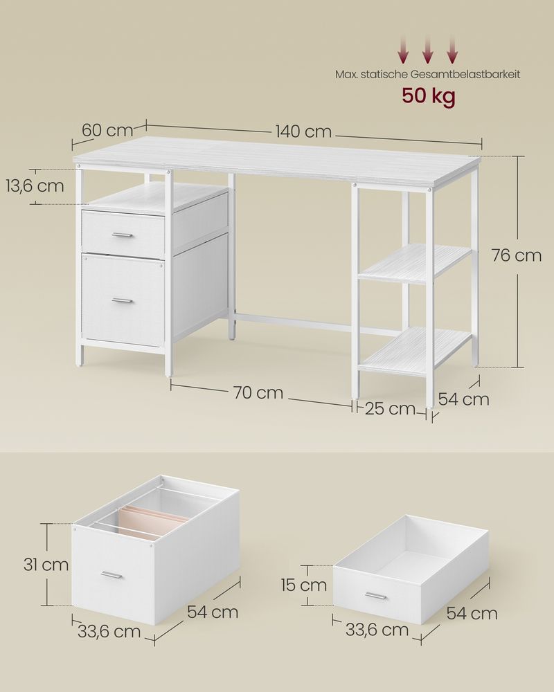 Γραφείο Υπολογιστή Τραπέζι Γραφείου 140x60 εκ με ράφια και Συρτάρια Λευκό Σφενδάμου LW-D104WF01