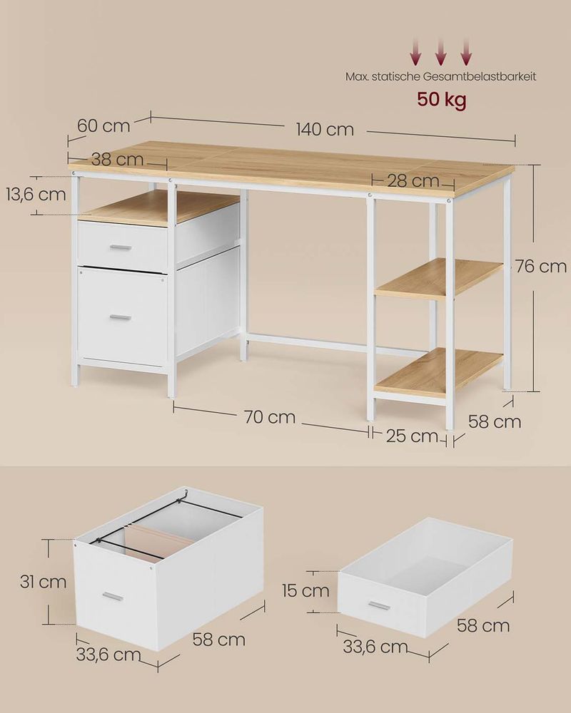 Γραφείο Υπολογιστή Τραπέζι Γραφείου 140x60 εκ με ράφια και Συρτάρια Δρύς-Λευκό LW-D104Y01