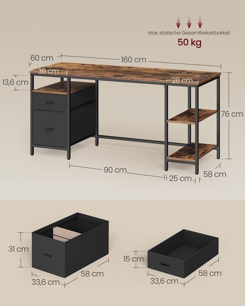 Γραφείο Υπολογιστή Τραπέζι Γραφείου 160x60 εκ με ράφια και Συρτάρια Καφέ LW-D105K01
