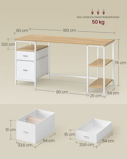 Γραφείο Υπολογιστή Τραπέζι Γραφείου 160x60 εκ με ράφια και Συρτάρια Δρύς-Λευκό LW-D105YD01