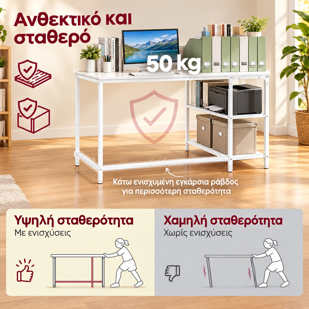 Γωνιακό Γραφείο L Εξοικονόμησης Χώρου με Ρυθμιζόμενα Ράφια 120×80 x76 εκ. Λευκό LW-D136WF01