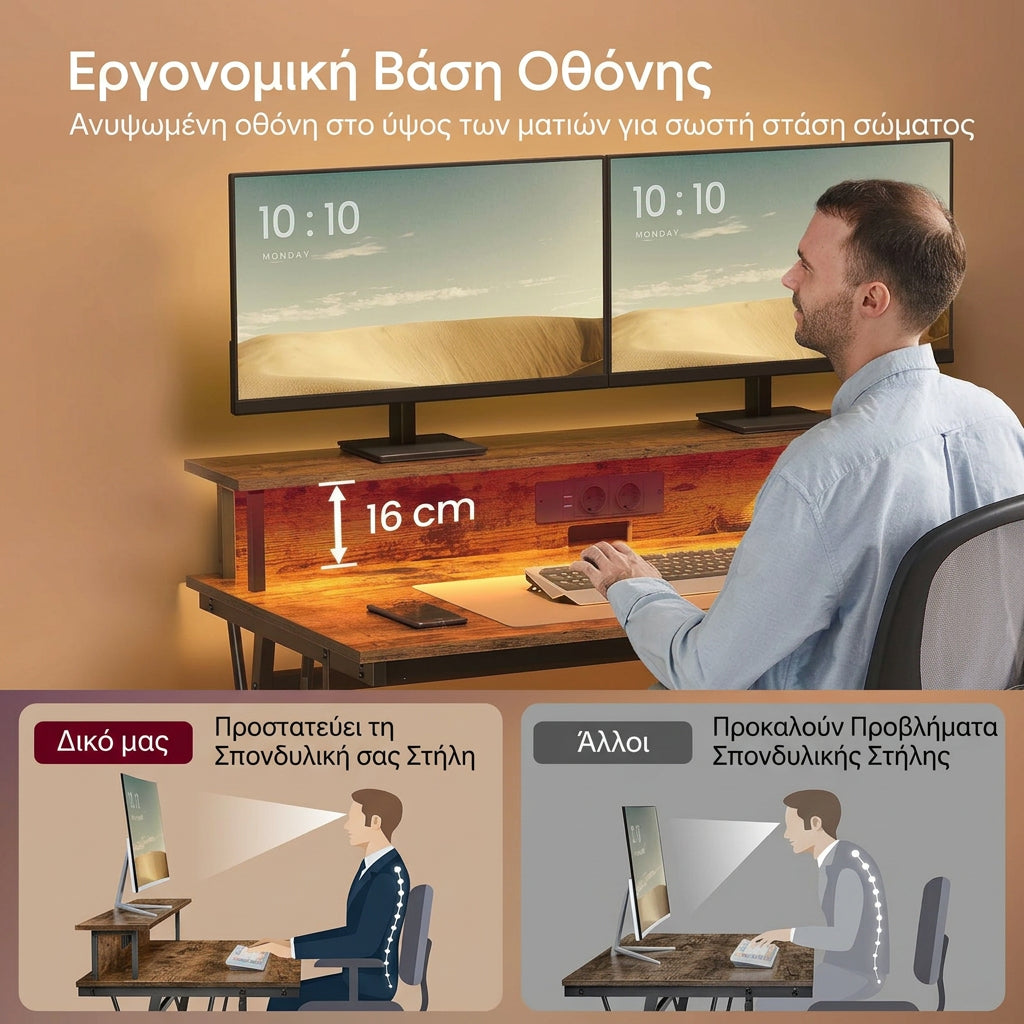 Γραφείο Υπολογιστή  με Φωτισμό LED 20 Χρωμάτων Υπερυψωμένη Βάση για 2 Οθόνες 2 Πρίζες  2 Θύρες USB Καφέ Μαύρο 120×60×91 εκ  LW-D192K01