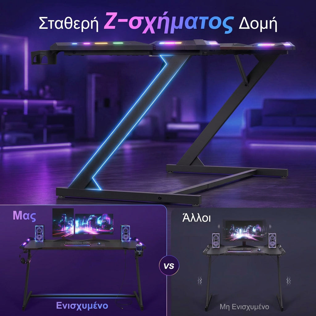 Γραφείο Gaming με Φωτισμό LED RGB, Μεταλλικό Σκελετό Σχήματος Z, Επιφάνεια Carbon Fiber & Θήκες Οργάνωσης, Μαύρο 140×60×76 εκ.   LW-D414B101