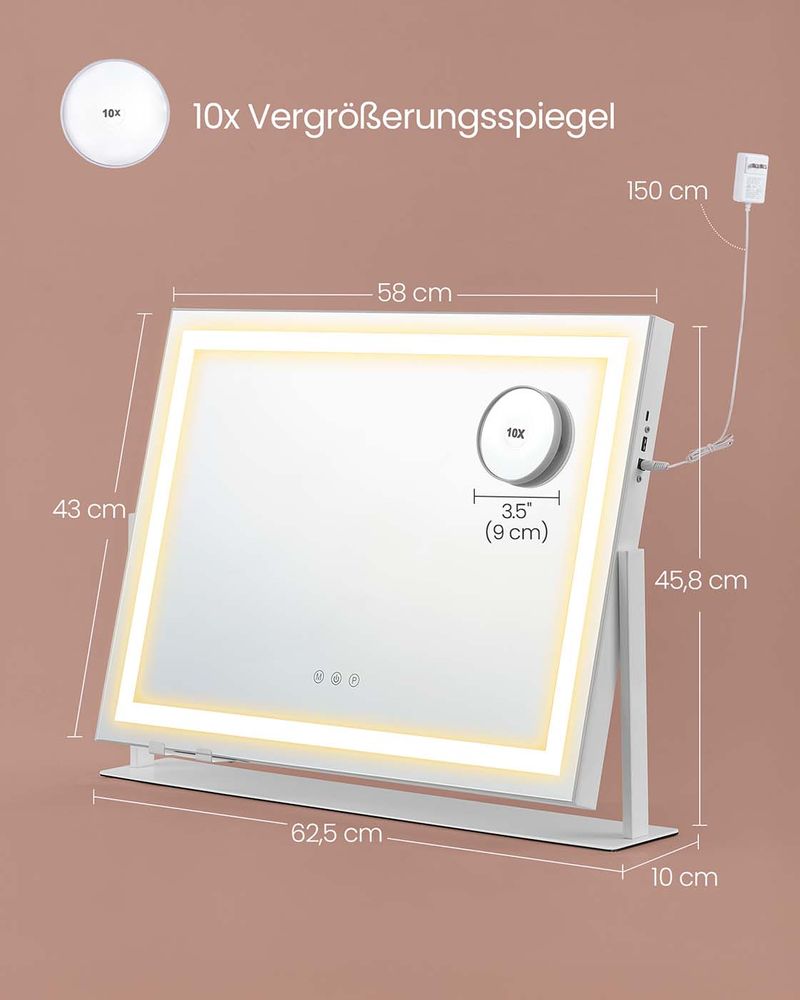 Καθρέφτης Μακιγιάζ LED με 3 Φωτισμούς, 360° & Μεγεθυντικό 10x Μπουντουάρ LW-M002W02