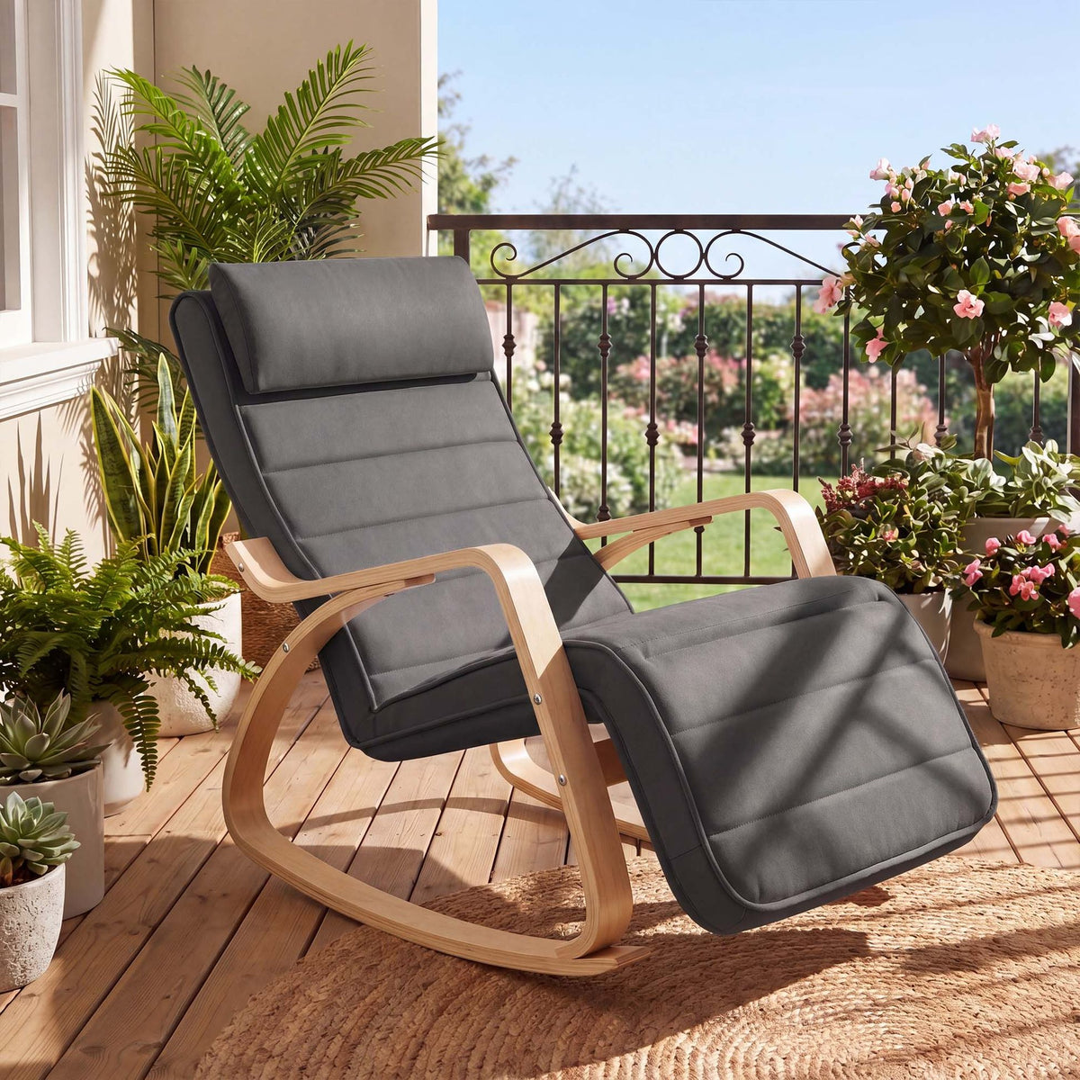 Πολυθρόνα Κουνιστή Relax με Ρυθμιζόμενο Υποπόδιο 5 Θέσεων Αναπαυτικό Προσκέφαλο και Ξύλινο Σκελετό 122 x 67 x 84 εκ    LY-YB3510G