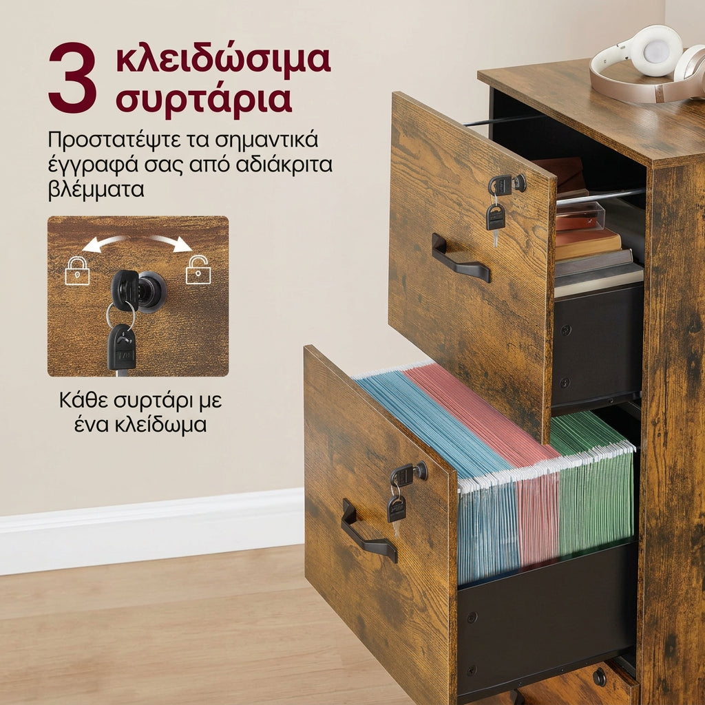 Ψηλή Συρταριέρα Γραφείου – Ντουλάπι Αρχειοθέτησης με 3 Κλειδωμένα Συρτάρια για Φακέλους A4,  Καφέ – 40 × 41 × 103 εκ.  OF-C055B01