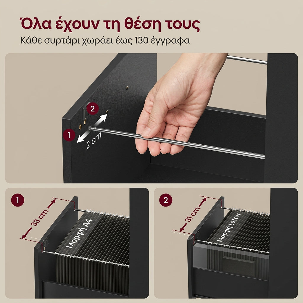 Ψηλή Συρταριέρα Γραφείου – Ντουλάπι Αρχειοθέτησης με 3 Κλειδωμένα Συρτάρια για Φακέλους A4, Εξοικονόμησης Χώρου, Μαύρο – 40 × 41 × 103 εκ.   OF-C055B16