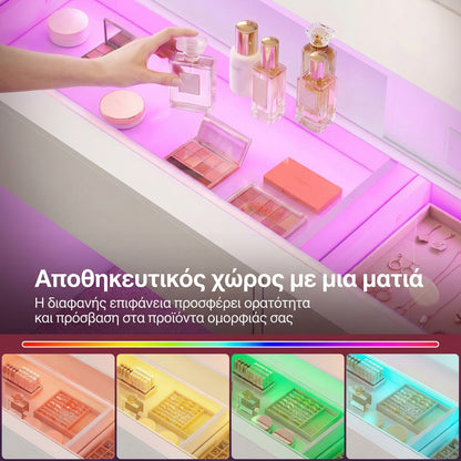 Μπουντουάρ Τουαλέτα Μακιγιάζ με Φωτιζόμενο Καθρέφτη LED 80x40 εκ RGB Φωτισμό 2 Συρτάρια Ράφια Πρίζες Θύρες USB, Λευκό 80×40×145 εκ.     RD-T245WB01