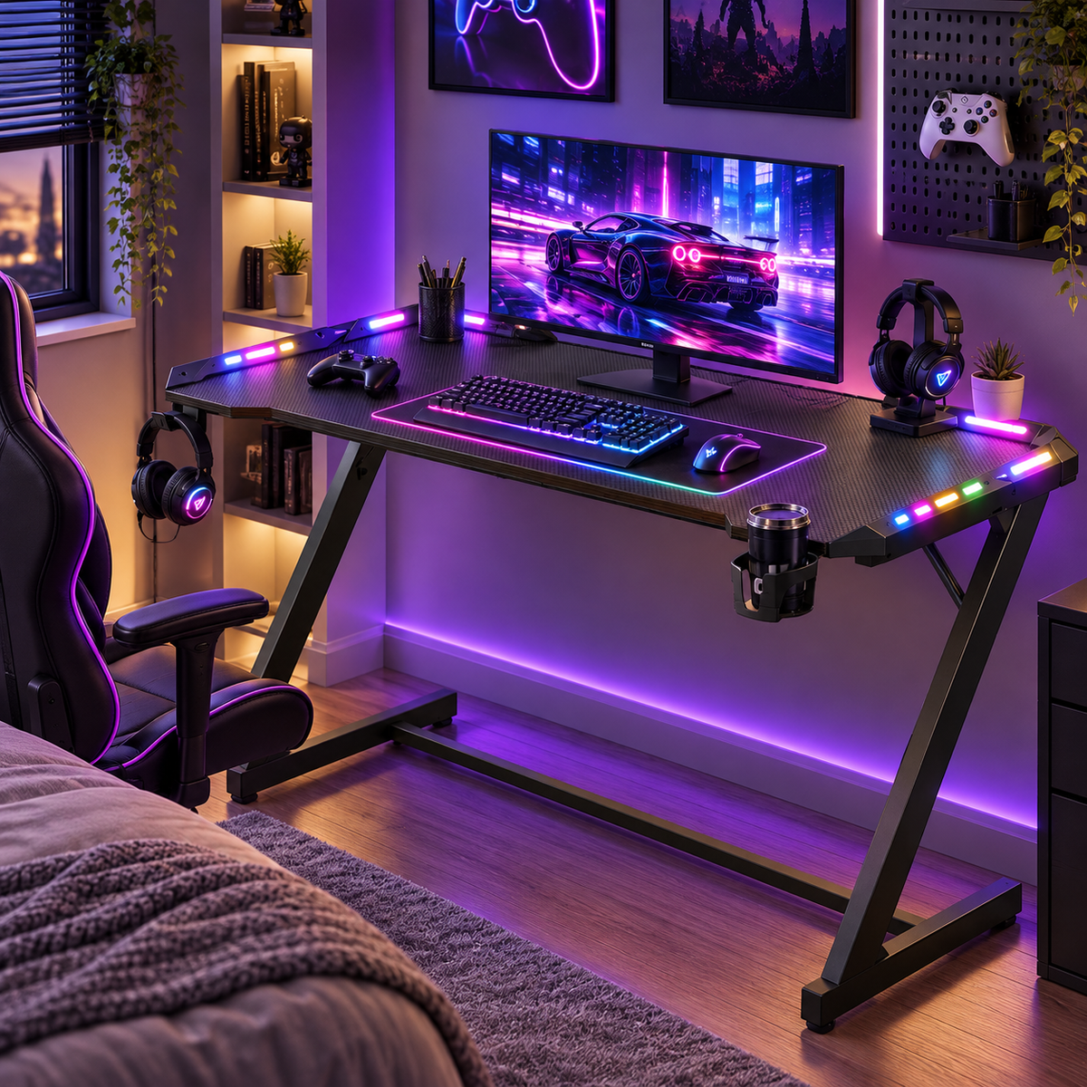Γραφείο Gaming με Φωτισμό LED RGB, Μεταλλικό Σκελετό Σχήματος Z, Επιφάνεια Carbon Fiber & Θήκες Οργάνωσης, Μαύρο 140×60×76 εκ.   LW-D414B101
