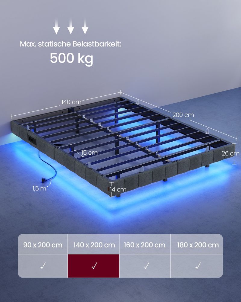 Επενδυμένο Κρεβάτι 140x200 με LED Φωτισμό, Πρίζες Φόρτισης & Μαλακή Επένδυση RMB-B35164G101