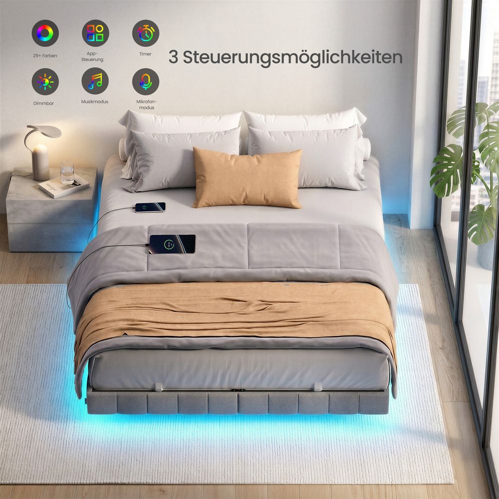 Επενδυμένο Κρεβάτι 160x200 με LED Φωτισμό, Πρίζες Φόρτισης & Μαλακή Επένδυση RMB-B35165G101
