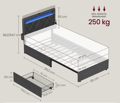 Κρεβάτι μονό 90x200 εκ με LED Φωτισμό 4 Συρτάρια Αποθήκευσης Σταθμό Φόρτισης και Πρίζες RMB-B35820GN02