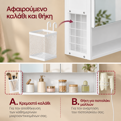 Επιτοίχιο Ντουλάπι Μπάνιου με 3 Καθρέφτες, Φωτισμό LED, Ράφια & Θήκη για Πιστολάκι – Λευκό 16 x 80 x 75 εκ.   BB-K146WB01