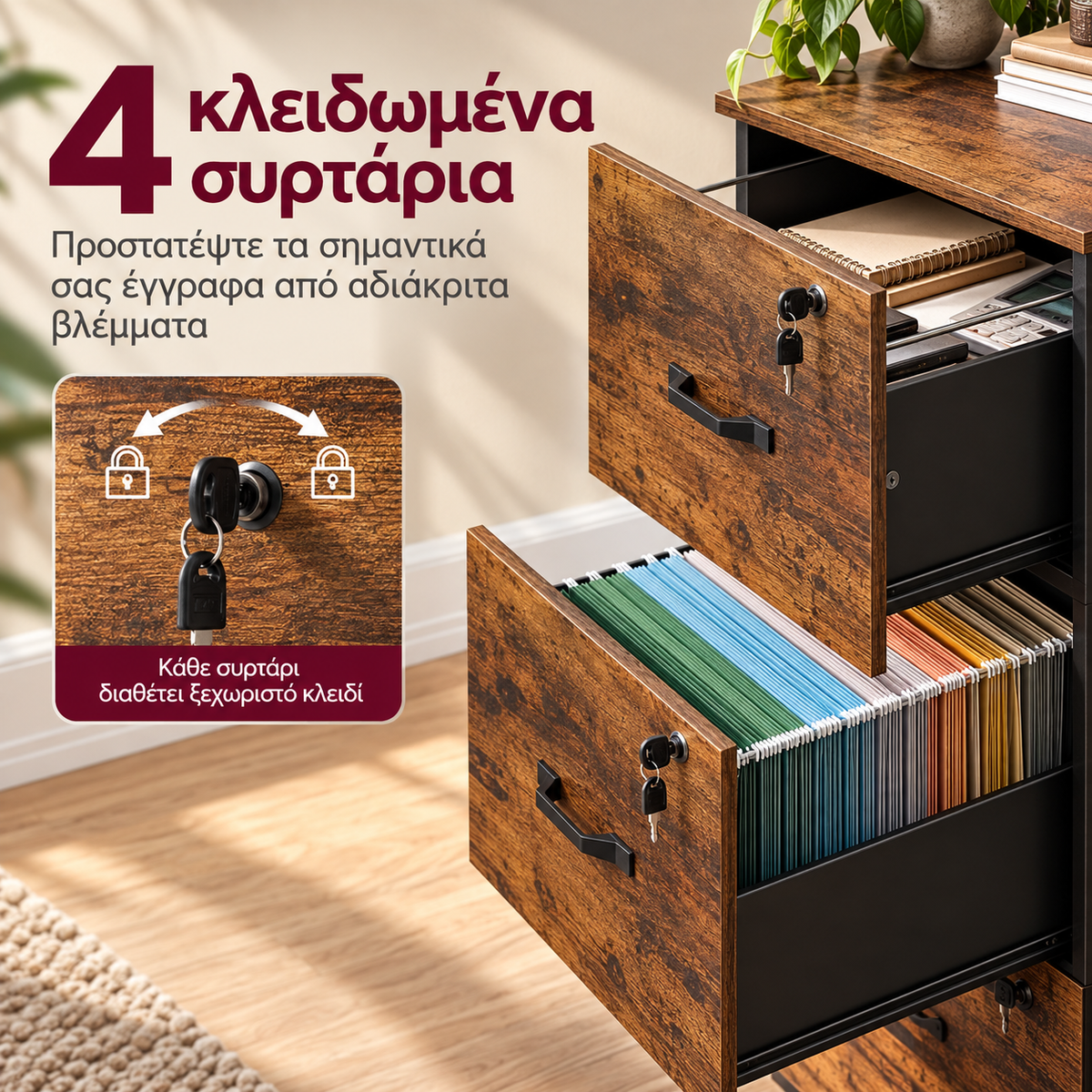 Ψηλή Συρταριέρα Γραφείου – Ντουλάπι Αρχειοθέτησης με 4 Ευρύχωρα Κλειδωμένα Συρτάρια για Φακέλους A4, Μεγάλης Χωρητικότητας,  Καφέ – 41 × 40 × 136 εκ.   OF-C082K02