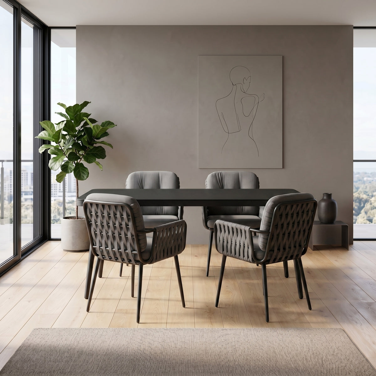 Σετ Τραπεζαρίας Κήπου με Καρέκλες Rope Τραπέζι Tempered Glass & Μεταλλικός Σκελετός 140x80x75 εκ. POS-163053229