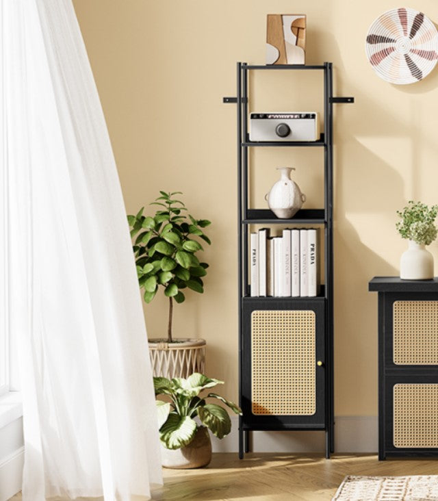 6 Tier Bookcase Tall Door Shelf Rattan Boho Metal Frame Black LL-S122B56