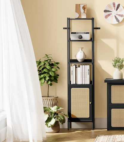 6 Tier Bookcase Tall Door Shelf Rattan Boho Metal Frame Black LL-S122B56