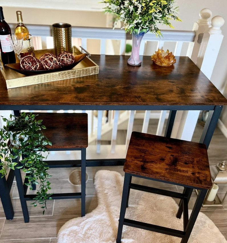 Küchen-Bartisch, hoher Tisch mit 2 und 4 Hockern, Barbank, Küchentisch und Stühle, Vintage-Braun, LB-T15X