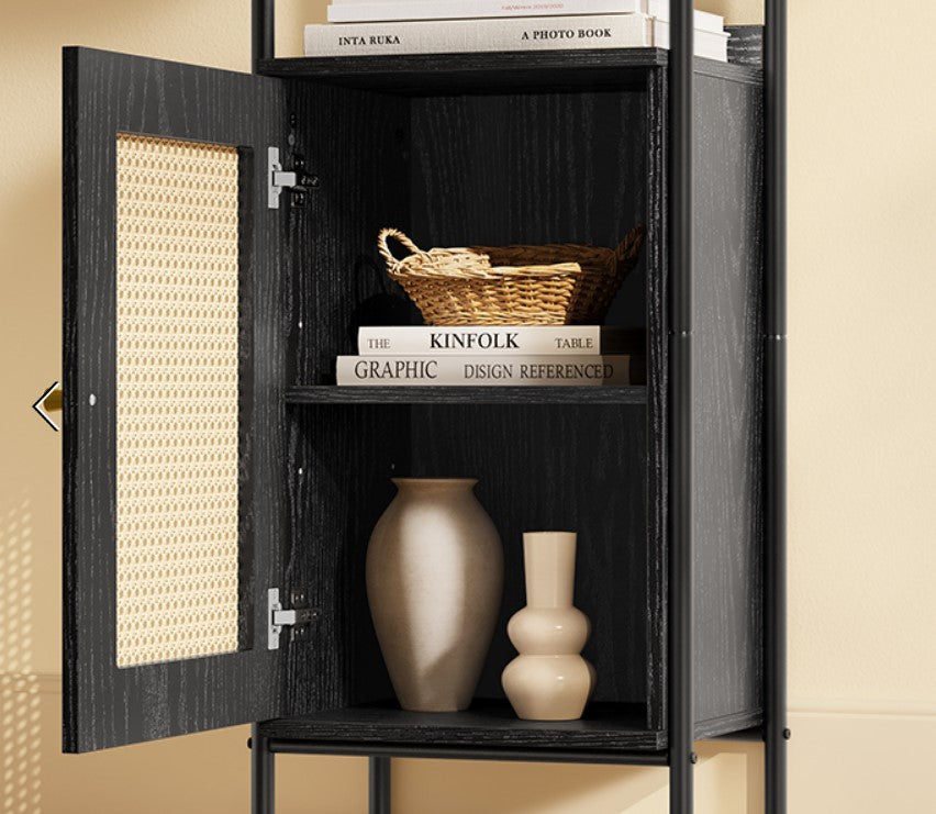 6 Tier Bookcase Tall Door Shelf Rattan Boho Metal Frame Black LL-S122B56