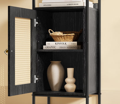 6 Tier Bookcase Tall Door Shelf Rattan Boho Metal Frame Black LL-S122B56