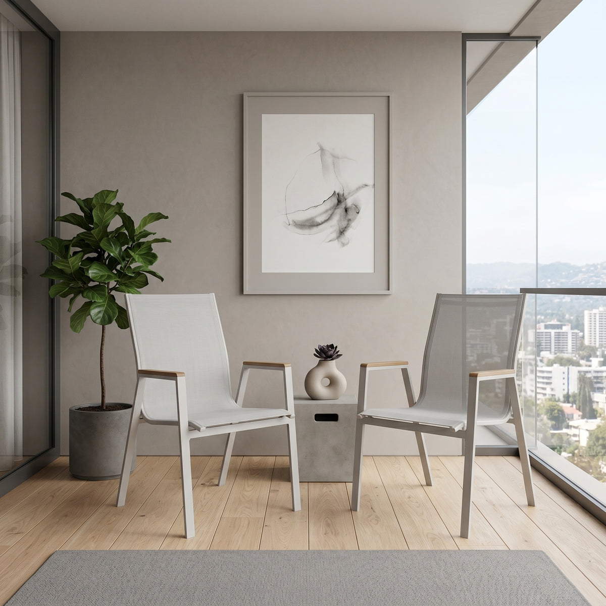 Σετ 2 Τεμαχίων Πολυθρόνες Κήπου Cappuccino με Textilene White & Ξύλινα Μπράτσα Στοιβαζόμενες, Μεταλλικός Σκελετός 06.8087