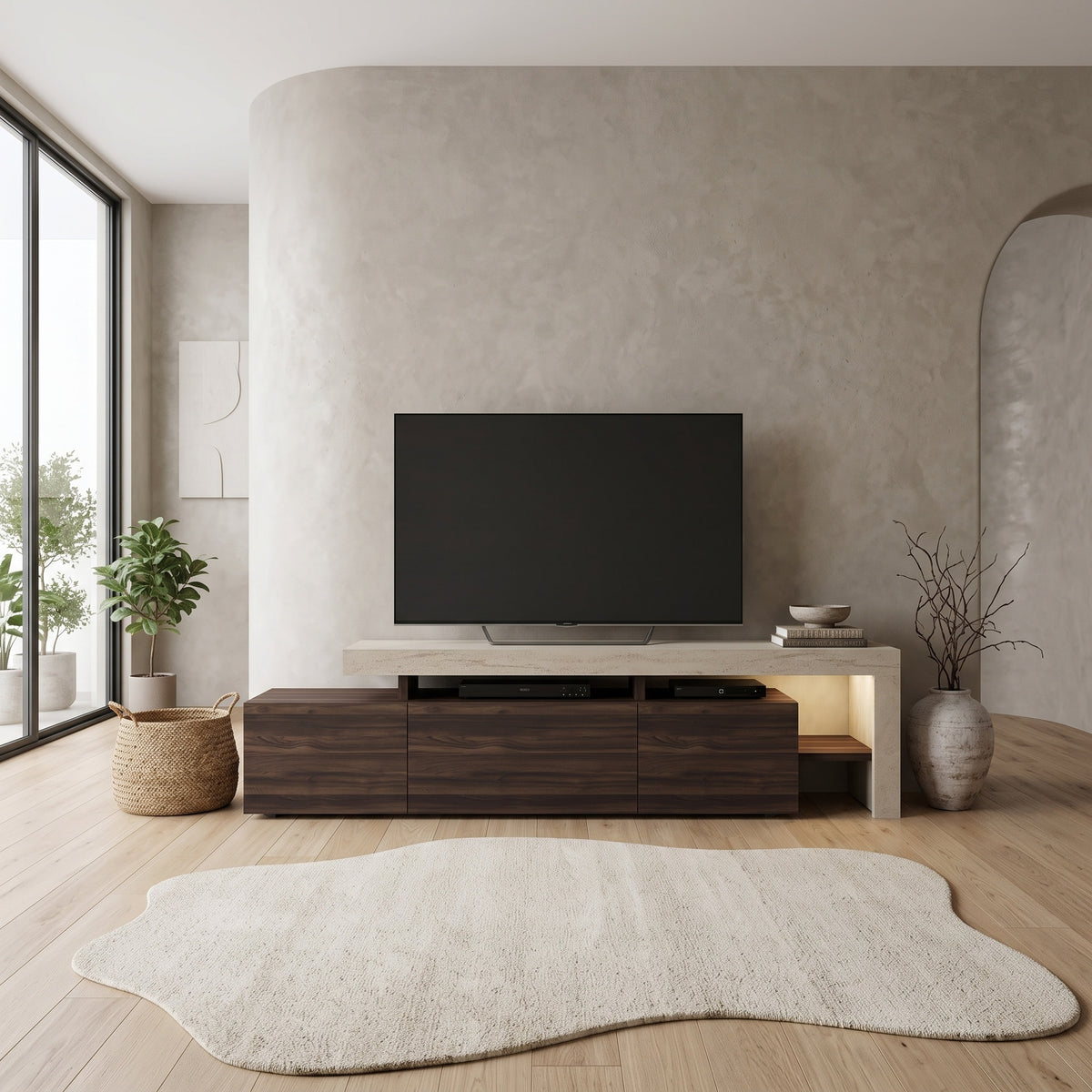 Έπιπλο Τηλεόρασης TV Βάση Σύνθεση με LED Φωτισμό 192x37x53 εκ Travertine Καρυδί | 382NRC2532