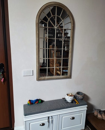 Antiker Fensterbogen mit Spiegel, weiß, metallisch, 60 x 116 cm, für Innen- und Außenbereiche, 141224