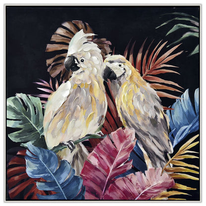LACK 82X82 CM WEISSE PAPAGEIEN AUF PFLANZEN ÖLGEMÄLDE AUF BEDRUCKTER LEINWAND MIT RAHMEN 76488
