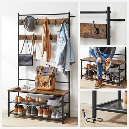 Entrance Furniture Coat Stand Clothes Hanger Closet Wardrobe Shoe Rack for Corridor Vintage Brown HS-R410B01